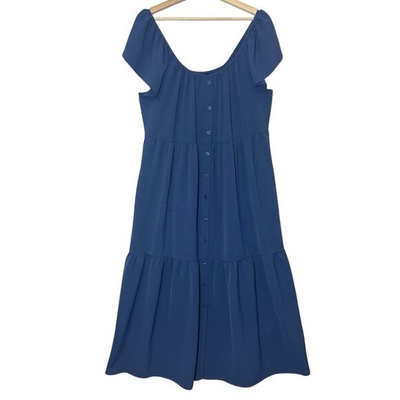 Maggy London Shirtdress 12 Blue Ruffle Sleeve Scoop Neck Tiered Pockets Buttons - Picture 2 of 10